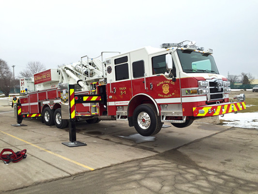 Fire Truck - 2016 Pierce Velocity Mid-Mount Aerial Platform - Alpha Fire Company - lifted