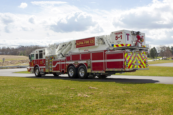 Fire Truck - 2016 Pierce Velocity Mid-Mount Aerial Platform - Alpha Fire Company - driver rear