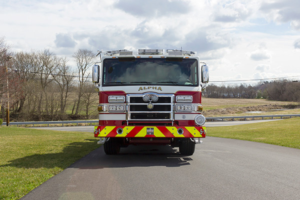 Fire Truck - 2016 Pierce Velocity Mid-Mount Aerial Platform - Alpha Fire Company - front